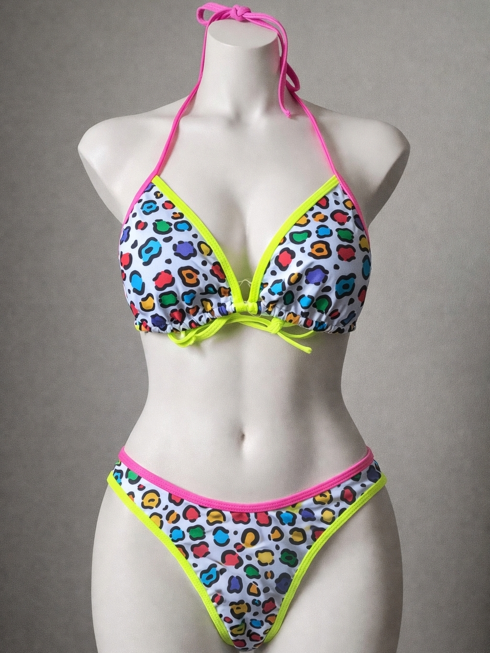 Tashehe Neon Trim Multicolor Leopard Print Triangle Bikini - White